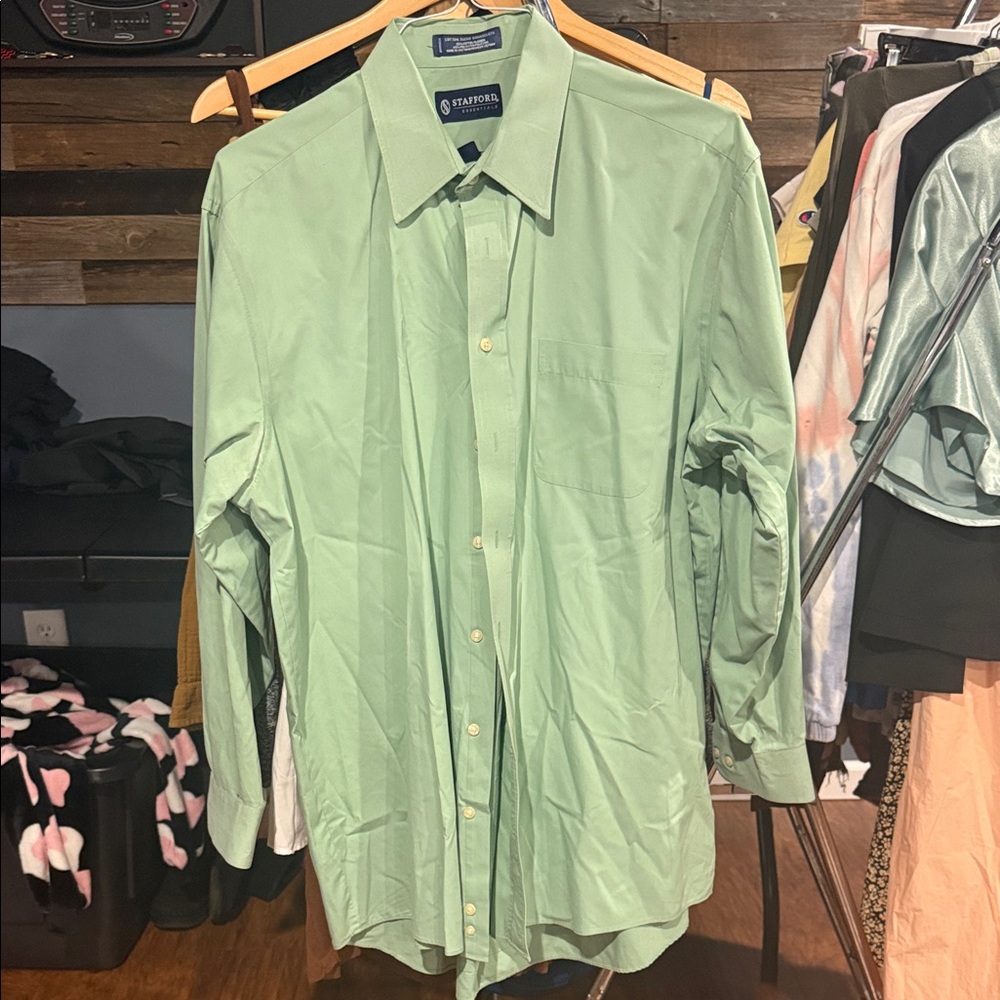 Stafford Mint Green Men's Button-Down Dress Shirt 34/35 17-17.5